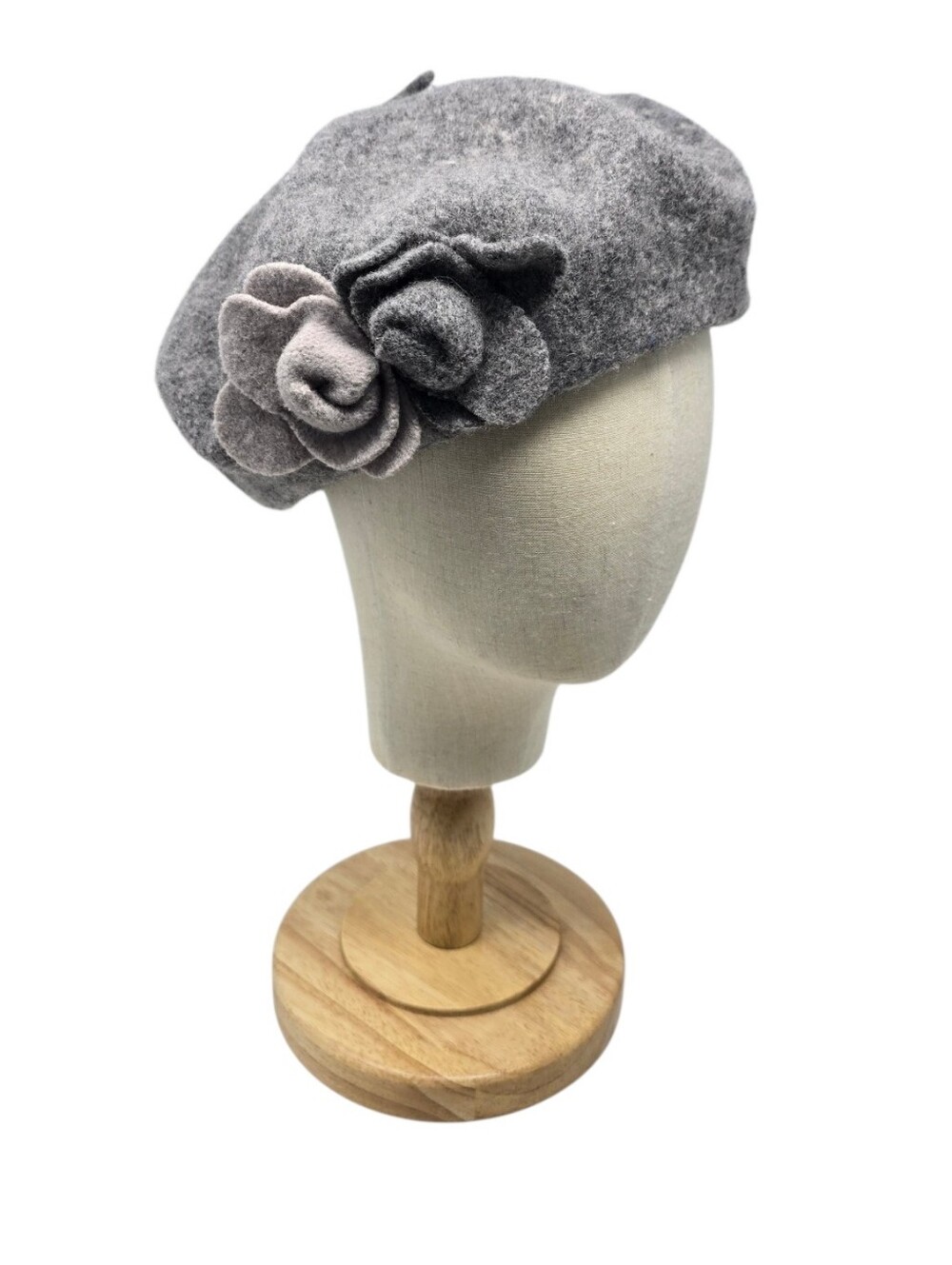 Vintage 100% Felted Wool Beret Rosette Flower Gray One Size